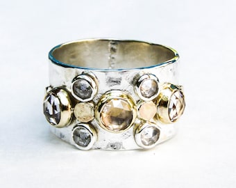 Unique Engagement Ring, White topaz Ring, Solid Gold and Silver, Hammered silver sterling, Wedding Ring, Engagement Ring, Anniversary Ring
