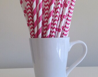 Pink Paper Straws Dark Pink Striped, Chevron, Polka Dot Party Supplies Party Decor Bar Cart Cake Pop Sticks Mason Jar Straws Graduation
