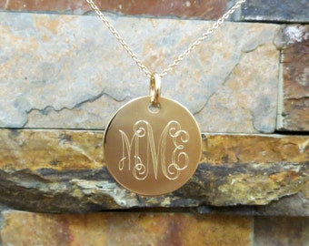 Gold Monogram Necklace 7/8", 14K Gold Filled Disc - Personalized and Engraved- Monogrammed Necklace - Bridesmaids Gift -Wedding - Christmas