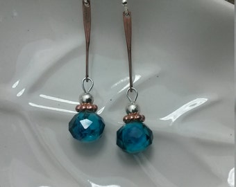 Long Blue Copper Earrings, Long Copper Silver Earrings, Long Blue Silver Dangle Earrings, Copper Blue Silver Earrings