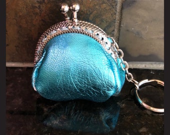 Distressed metalic aqua fat bottom mini coin purse