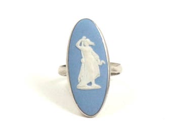 Vintage Wedgwood Ring, Sterling Silver, Blue Jasper Cameo Ring, Wedgewood Ring, US Size 7-1/4, UK Size O