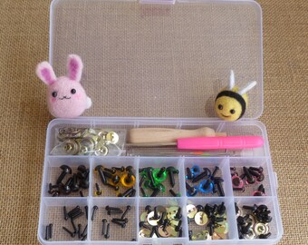 Plastic storage box - boxed set - needle felting kit - toy eyes - awl -craft box - doll eyes -toy eyes - organiser box - bead box - nail art