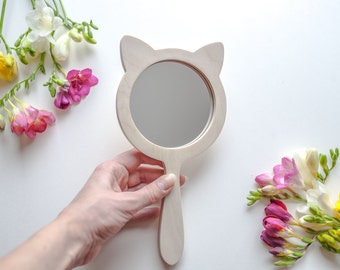 Hand mirror vintage Personalized gift Kitty gift idea Kitty ears Wooden hand mirror Safety mirror