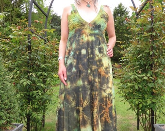 RESERVED FOR DIANA Vintage Green Floaty Tie-Dye Hippy Sundress with Crochet Trim and Elasticated Bust
