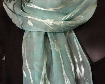 Hand Dyed Silk Scarf in Bamboo Burn Out in Soft Sea-foam green