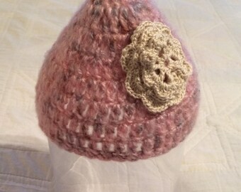 Crocheted Mauve and Gray Baby Hat with Flower