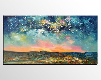Oil Painting Landscape, Canvas Art, Original Art, Abstract Art, Starry Night Sky Painting, Oil Painting, Abstract Painting, Bedroom Wall Art