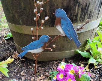 Bluebirds on Pussy Willow Painted Stake | Spring Time Decoration | Indoor Garden Gift | Planter Stake | Wild Bird Art | Bird Gifts | S928P