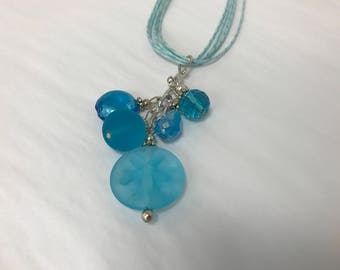 Light Blue Sea Glass Pendant Cluster Necklace