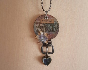 For the Love of Art (admire) altered wood poker chip pendant necklace with charm