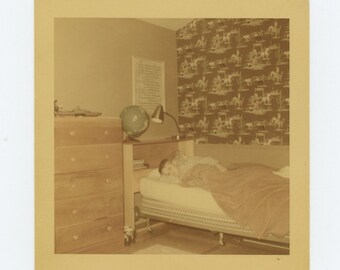1955 Kodacolor Print Vintage Snapshot Photo Boy in His Bedroom (72547)