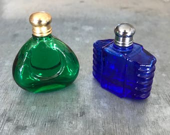 Two vintage glass perfume bottles, vintage bottles, perfume bottles, green glass, blue glass, miniture bottles, vintage perfume bottles,
