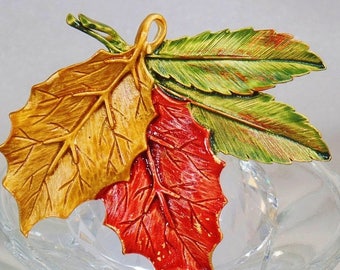 SUPER SALE Vintage Autumn Leaf Brooch and Pendant. Tara. Orange Yellow Green Fall Leaves Pin.