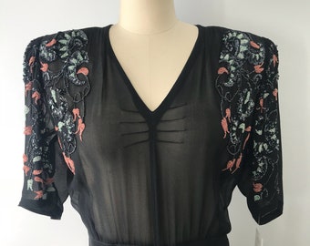 40s BEADED CHIFFON black bias cut sheer romantic mid length DRESS gown vintage 1940s large