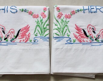 Vintage His & Hers Wabasso Cotton Pillowcases with Embroidered Swans
