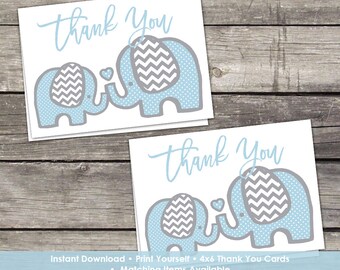 YOU PRINT Blue Elephant Thank You Cards - Baby Shower Thank You Cards - 4x6 - Instant Download Baby-102
