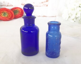 Antique Apothecary glass bottle w/ stopper Vintage Cobalt Blue, advertising Bromo-Seltzer Emerson Drug Co medicine tonic quack medicine vial