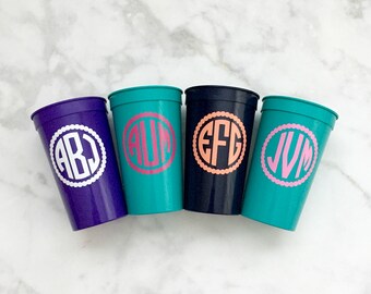 Monogrammed Cups, Bachelorette Party Cups, Bridesmaids Cups, Circle Monogram Cups, Personalized Stadium Cups
