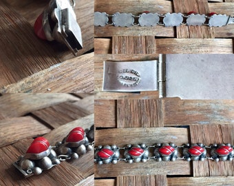 Mexican Silver Link Bracelet with Red stones Del Rio