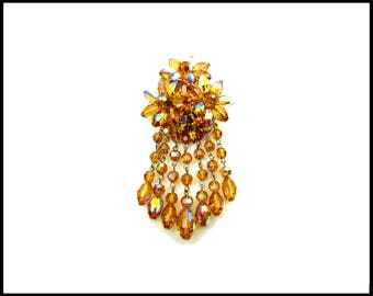 Amber Aurora Borealis Crystal Brooch, Topaz AB Crystal Waterfall, AB Crystal Fringe, Large Runway Style, Mothers Day Gift for Her