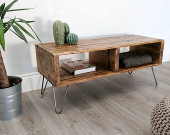 Rustic Retro Pallet Coffee Table TURVAS in Roast Coffee finish, with Vintage Hairpin Legs, Minimalist Design Reclaimed Wood Home Decor