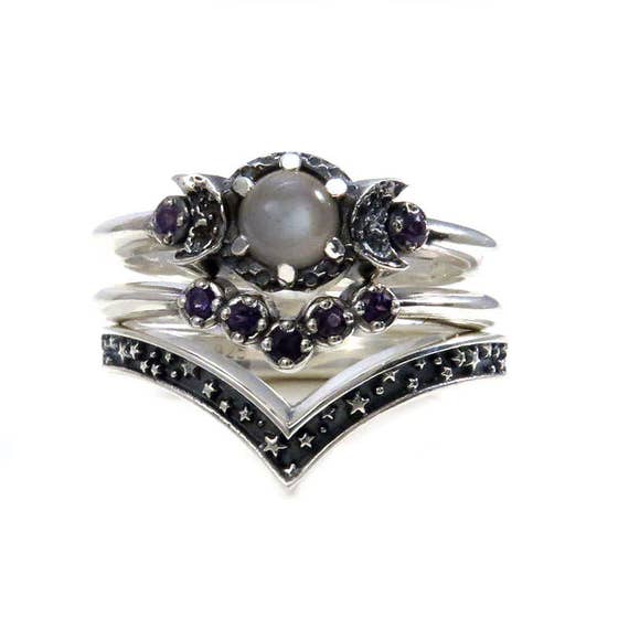 Triple Moon Engagement Ring Set with Grey Moonstone and Amethyst Double Chevron Wedding Bands - Sterling Silver Stars