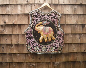 1980s Ethnic Puffed Elephant Vest - Large - Metallic Thread Sequins