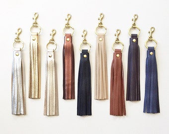 Leather Tassel KEYRING Keychain, Tassel Purse Charm, Leather Key Fob, Metallic Leather Handbag Charm, Tassel Keychain Charm, Gift for Her