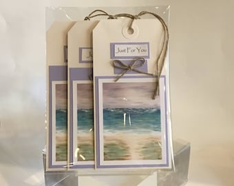 Handmade gift tags, set of 3 tags, all occasion tags, original art print, Beach Print, Morning Walk