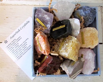 RAW CRYSTALS-11 assorted raw crystals-2 to 3 inches-different healing properties, colors, sizes, stones