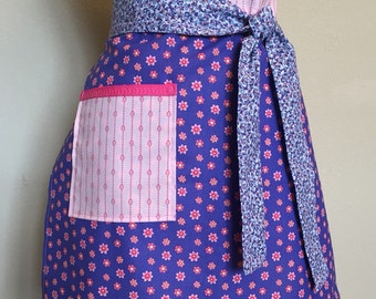 New Pink and Purple Floral Half Apron with Pocket