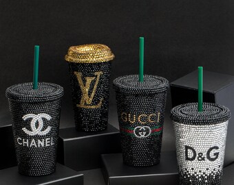 Custom Starbucks Cup | Designer Inspired Coffee Cup, Coffee Tumbler with Straw, Swarovski Crystal Monogram, Best Selling Items, Gift for Her