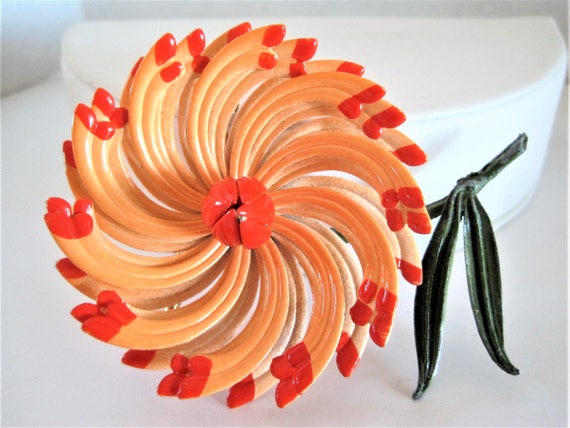 Orange 3D Brooch, Enamel Flower, Large Multipetal Pin, 70's Flower Power pin