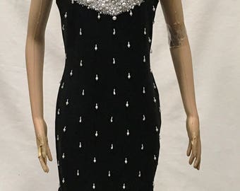 Beaded Wiggle Dress Evening Little Black Dress Party Clubwear Outlander Vintage Size 8 Christmas LBD