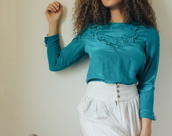 Silk Blouse, Retro Blouse, Vintage Shirt, Vintage 1980s, Embroidered Blouse, Vintage Blouse, Silk Shirt