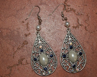 Filigree Teardrop Earrings with pearl and rhinestone accents
