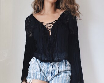 Upcycled Shirt, Boho Lace Up Blouse, Black Pirate Top, Gauze Free People Blouse, Peasant Bohemian Blouse