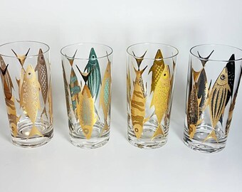 Fred Press Fish Glasses, Gold, Mid Century, Vintage