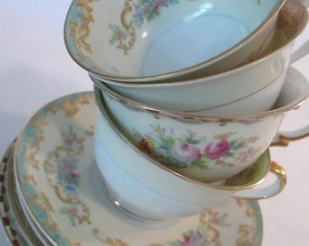 Vintage Mismatched China Cups & Saucers for Tea Party, Bridal Luncheons, Showers, Hostess Gift, Bridesmaid Gift - Set of 4