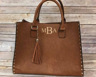 Embroidered Monogrammed Cognac Brown Studded Tassel 2-in-1 Leather Handbag Tote and Shoulder Bag Set