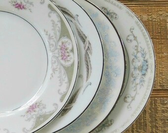 Mismatched Vintage Dessert Plates Set of 4 Plates for Wedding, Platinum Band Replacement China