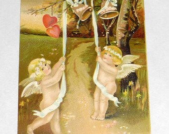 Antique Postcard Cupids Ringing Wedding Bells