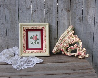 Wall Decor, Shabby Chic, Shelf, Framed Botanical, Ivory, Pink, Gold, Hand Painted, Distressed,