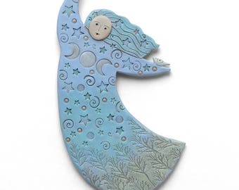Moon Dancer, Handmade Ceramic, Home Decor, wall art, stars, moon, bird