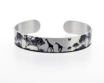 Giraffe jewellery, brushed silver cuff bracelet, metal bangle with black giraffes. Giraffe lover gift. African animal gifts. S505