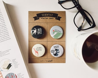 SCIENTIST starter pack badge science - I need space - I have potential - I've been naturally selected - Schrödinger's cat, Geekery badge