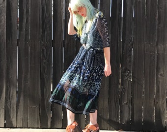 Hippie Dress - Indian Cotton - Boho Clothing - Midi Dress - Festival Clothes - Semi Sheer Dress - Bohemian Dress - Womens SMALL MEDIUM