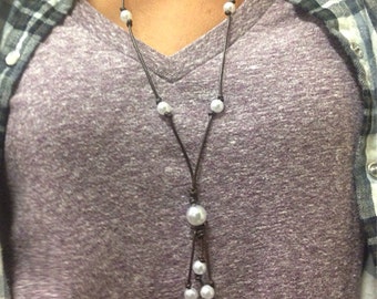 The Morgan- leather and pearl lariat style long necklace