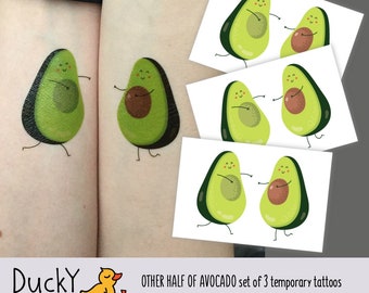 Set of 3 temporary tattoos "You are my other half of Avocado". Kawaii love avocado fruit kids tattoos, wedding romantic tattoo. TT263